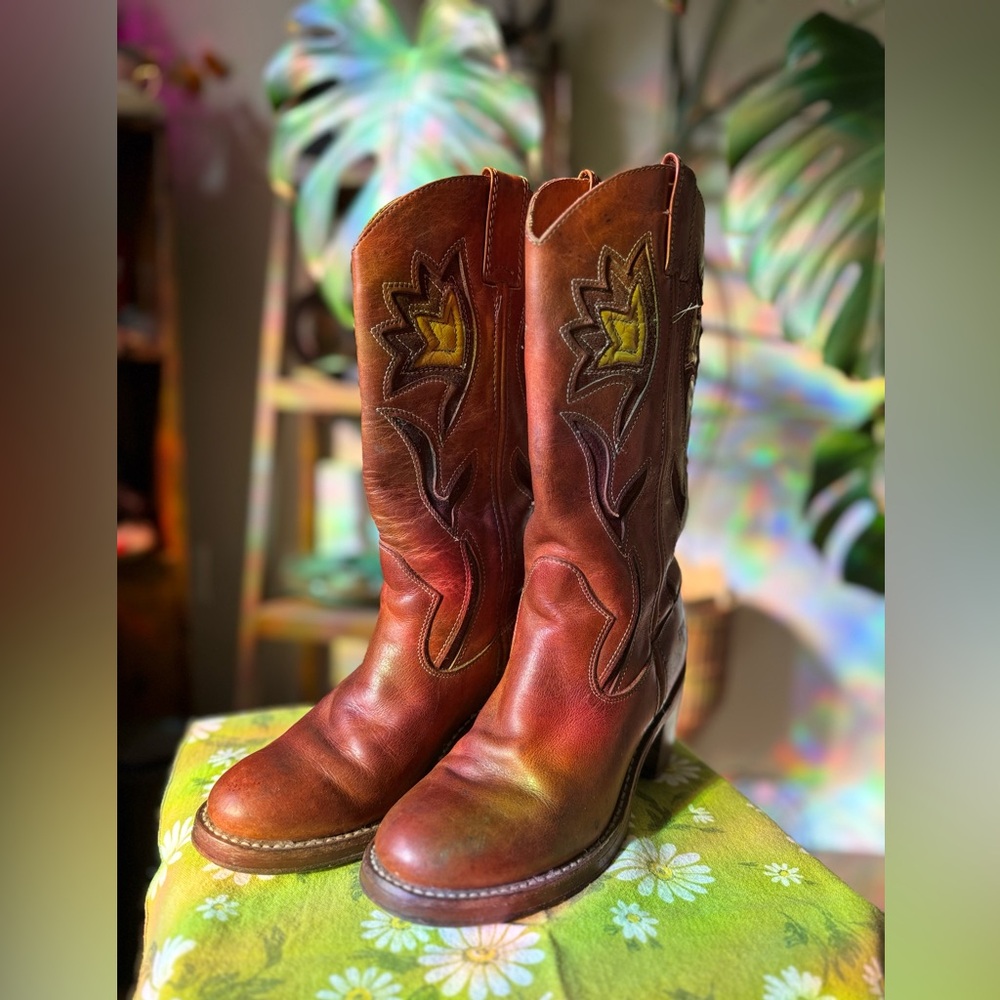 Frye Brown Leather Western Heeled Boots with Yellow Stitching - Picture 3 of 10